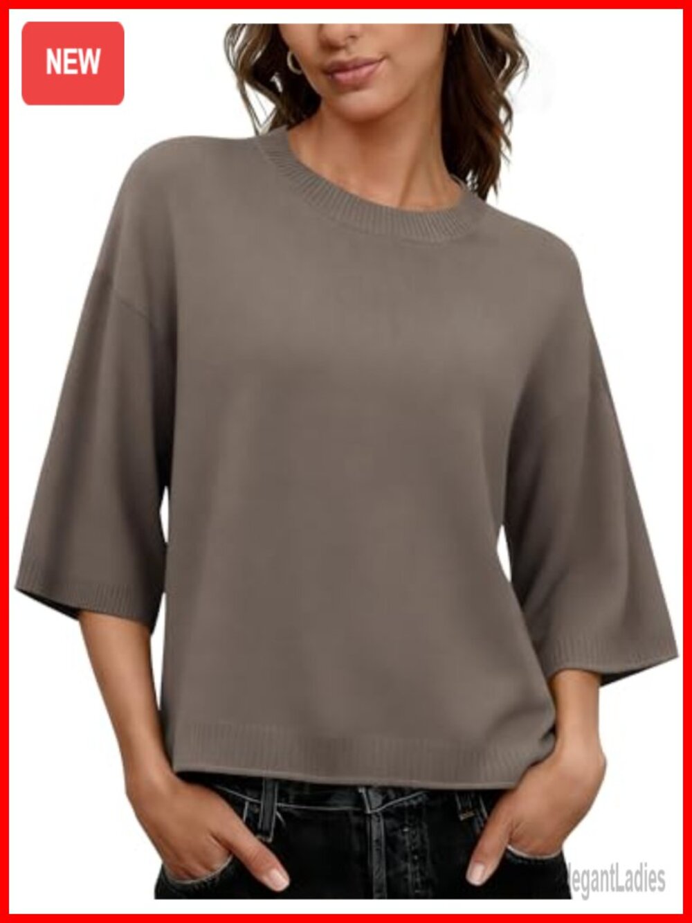 Women's Oversized 3/4 Sleeve Crewneck Knit Sweater Pullover Loose Fit
